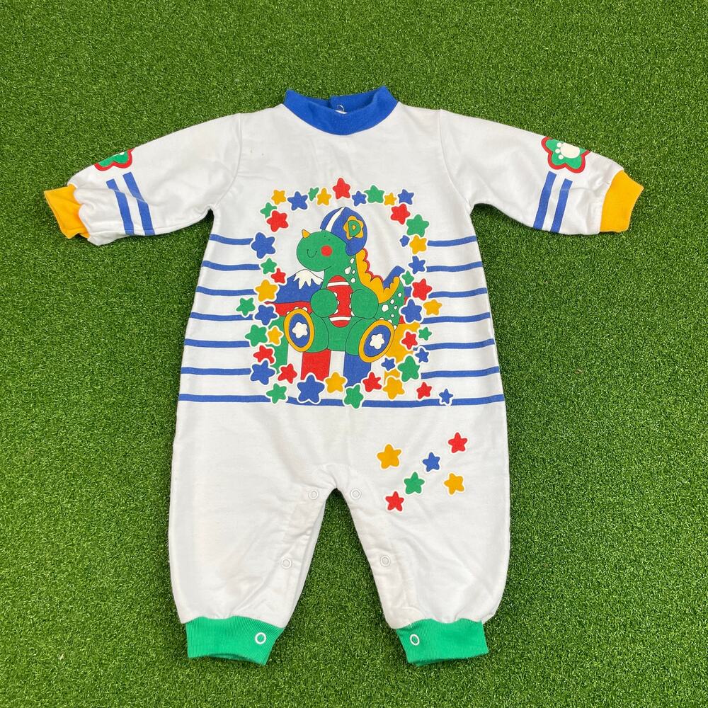 Vintage 90s Small Stars Dino Football Striped Star Graphic One Piece Sz 6-9 Mo